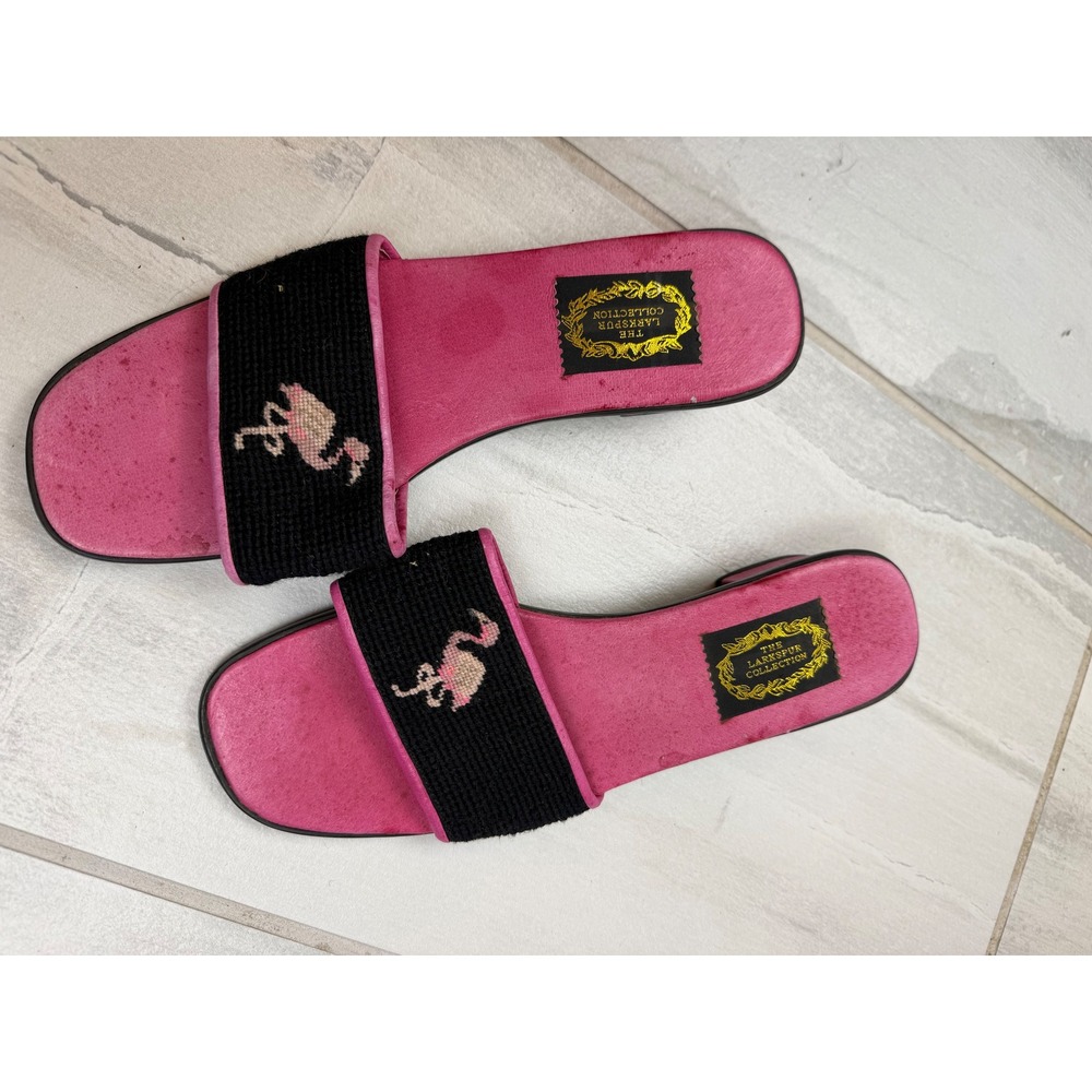 Larkspur Collection Pink Flamingo Needlepoint Slide Sandals Block Heel Womens 9